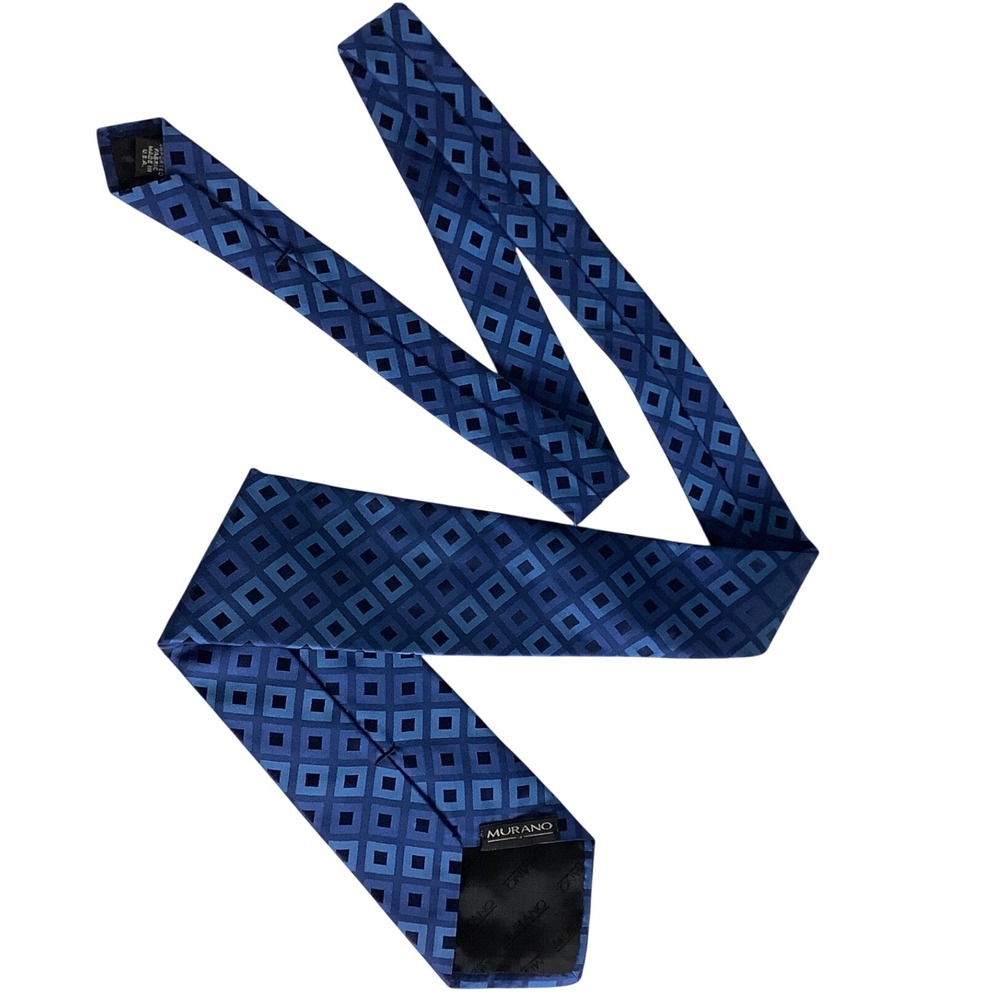 Murano Mens Silk Blend Necktie Blue Geometric Square Pattern Formal Business Tie